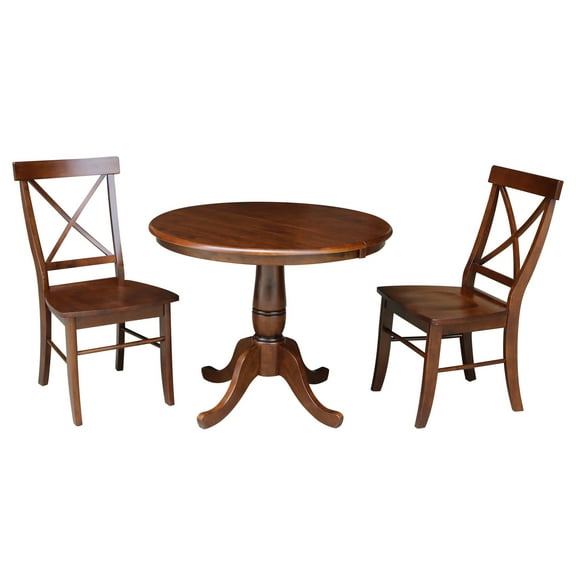 36" Round Extension Dining table with 2 X-Back Chairs - Set of 3 Pieces