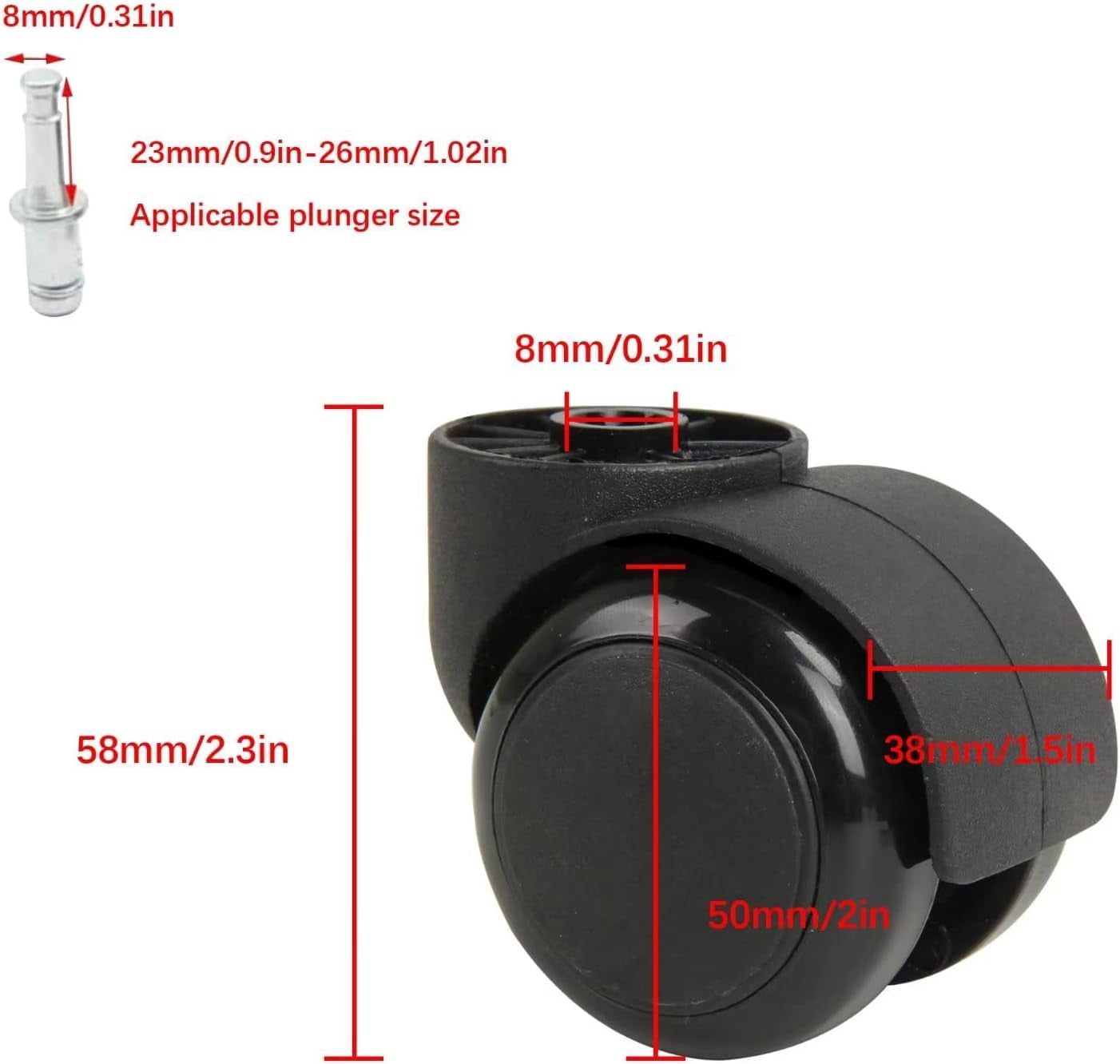 2 Inch Black Silent Stemless Caster - Replacement Chair Wheels For Office Chairs - Furniture Casters - 5pcs