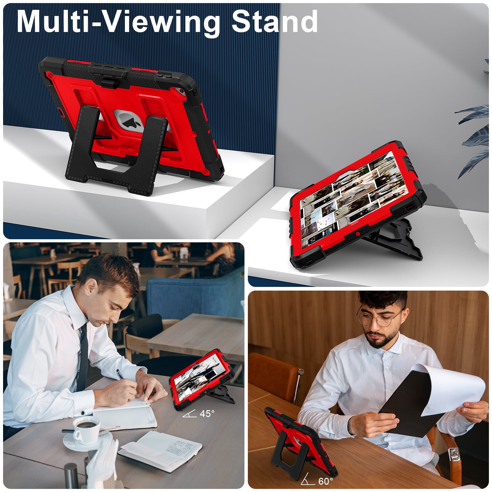 ELEHOLD 3-Layer Rugged Case For Apple iPad 9th/8th/7th Generation Heavy Duty Shockproof Cover, [Drop Protection], [Logo Visible], With Kickstand & Pencil Holder & Shoulder Strap, Black+Red