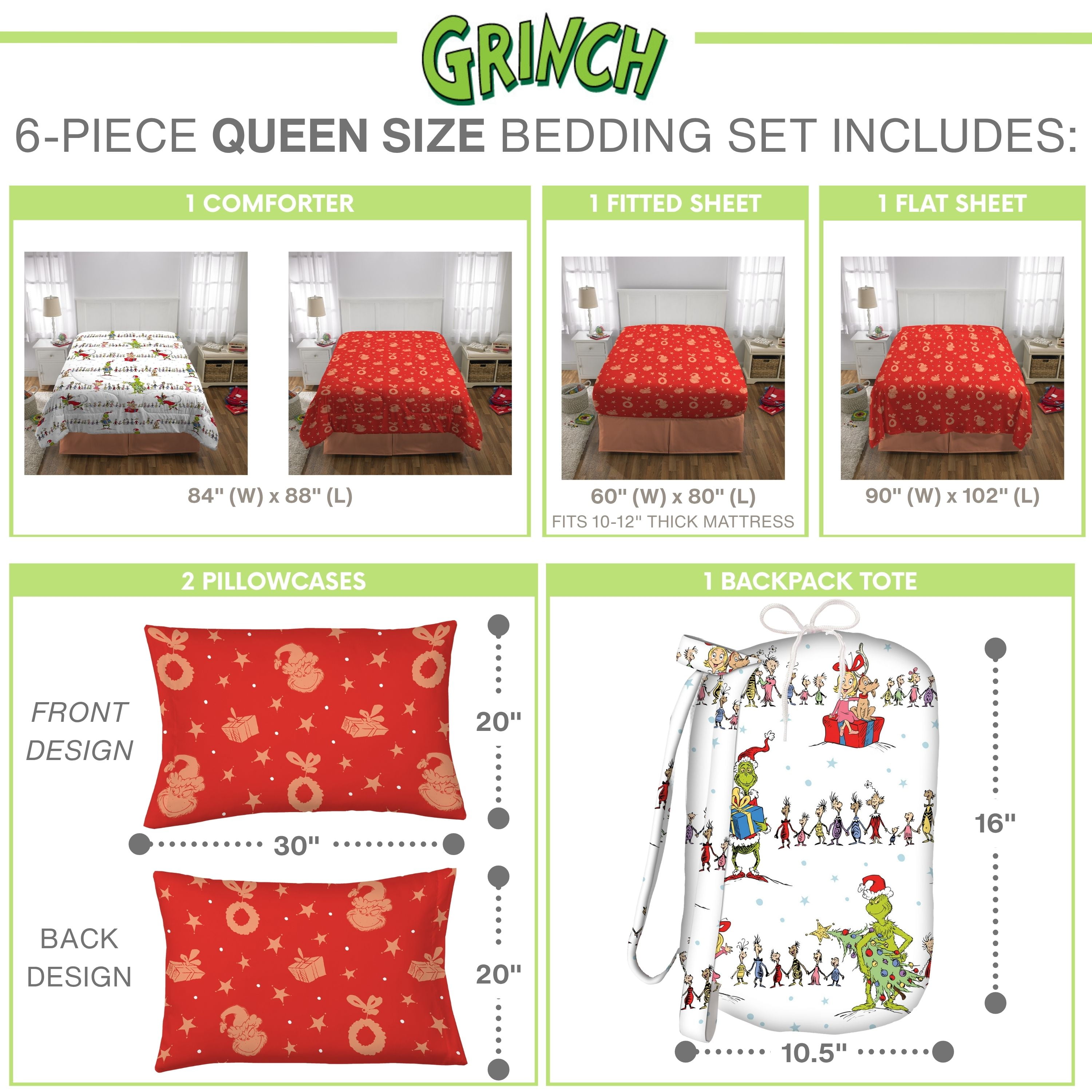 Grinch Kids 6 Piece Reversible Comforter, Bed in a Bag, Queen