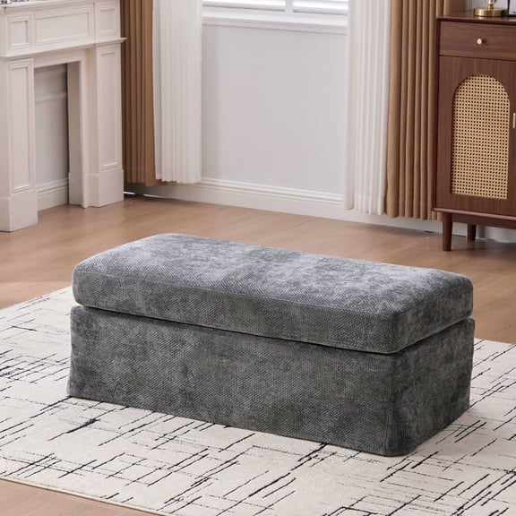 Oufan Modern Ottoman Bench, Chenille Upholstered Foot Rest, Living Room, 46" Rectangular End of Bed Bench, Window Bench for Entryway, Bedroom, Gray