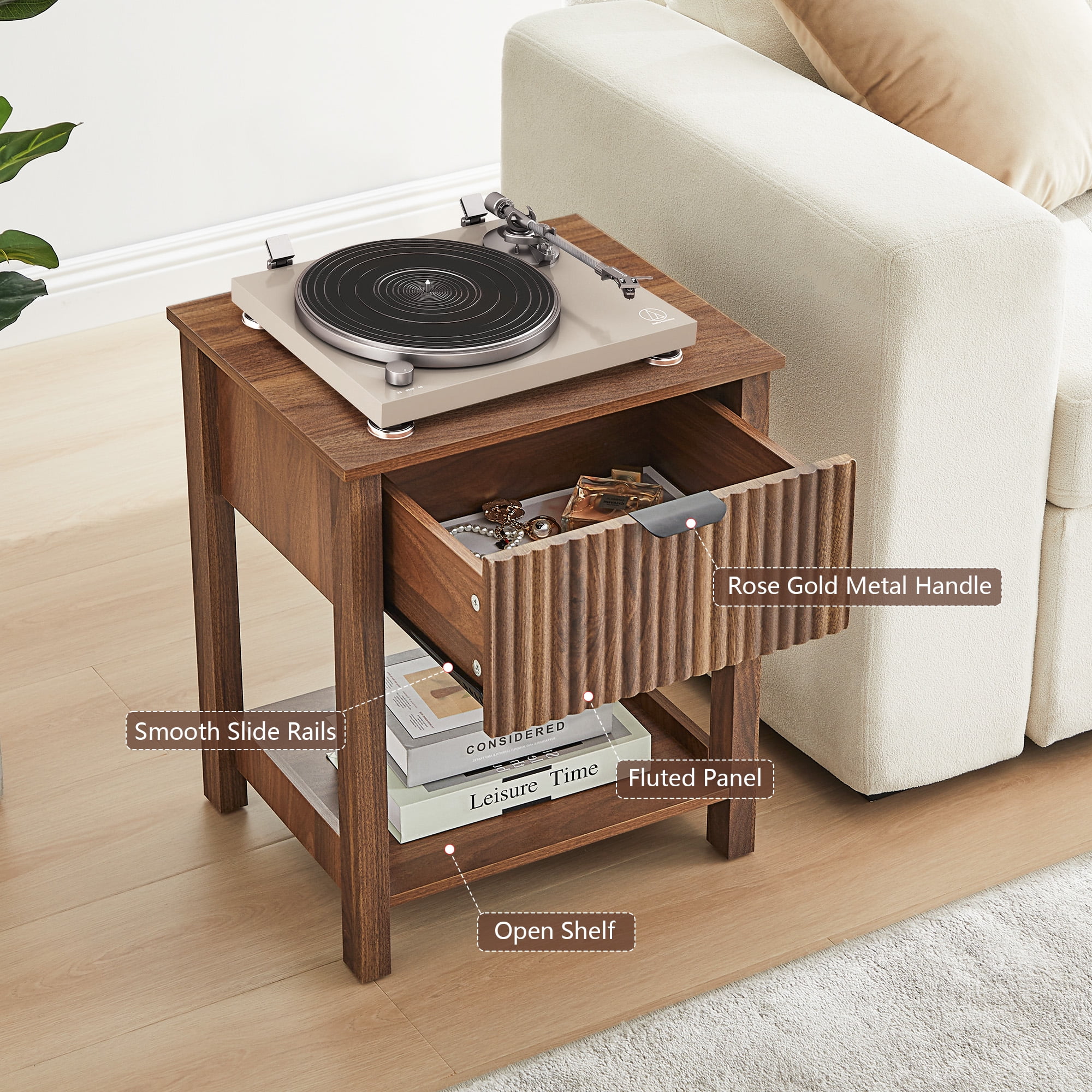 PHOYAL Fluted Nightstand for Bedroom, Wood Bedside Table with Drawers, Walnut