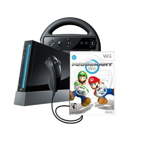Refurbished Nintendo Wii (Black) Mario Kart Bundle Motion Plus with Wheel and Cables