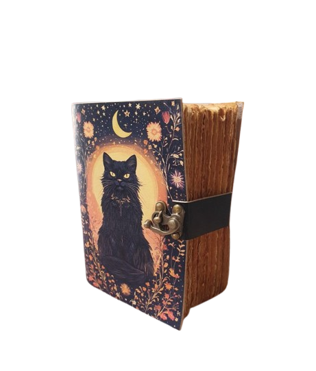 Handmade Black Cat Leather Journal 5x7” – 200 Pages Vintage Handmade Paper | Locking Notebook | Witchy Gifts | Festival & Holiday Gift Ideas
