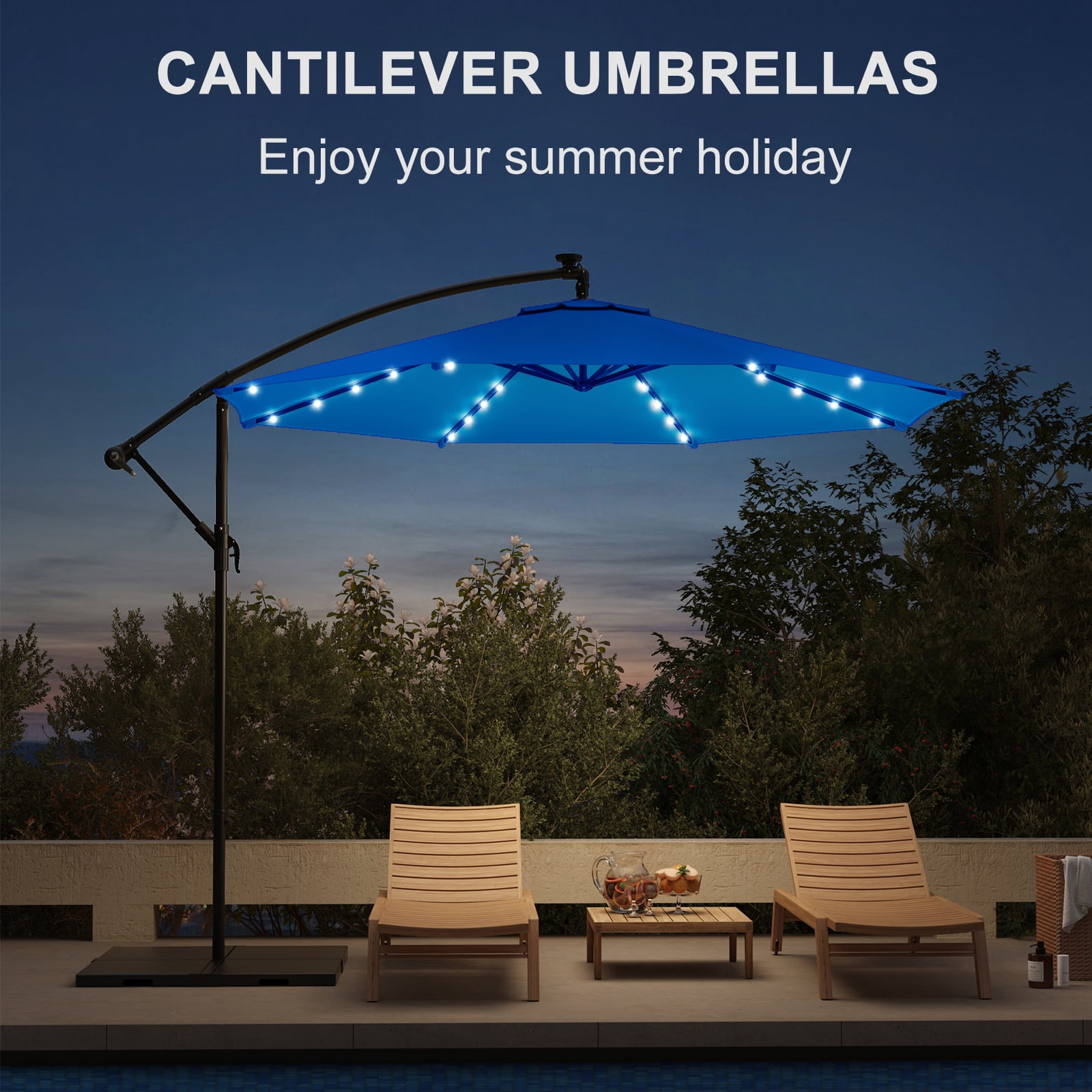 EROMMY 10FT 40 LED Solar Lighted Patio Umbrella,Outdoor Offset Cantilever Umbrella, Infinite Tilt, Crank and Cross Base, UV Protection for Backyard, Lawn, Garden & Pool