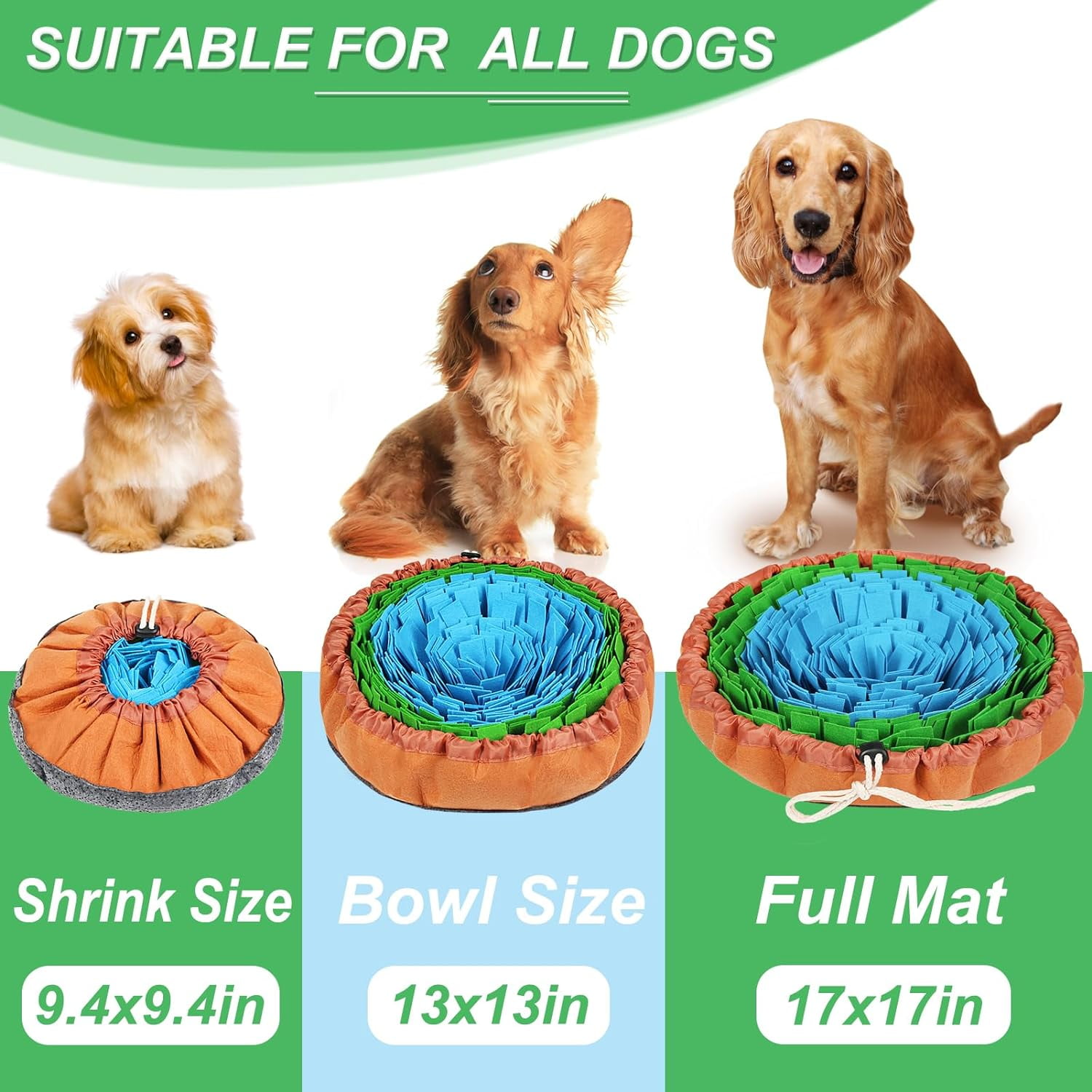 Snuffle Mat for Dogs, Adjustable Treats Feeding Mat for Slow Eating and Keep Busy, Interactive Dog Puzzle Toys Encourages Natural Foraging Skills and Smell Training (Blue Green)