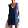 thumbnail image 2 of Salopette Courte en Denim pour Femmes, Bretelles Réglables, Jupe-Short à Taille Haute, Combinaison-Robe Décontractée en Jean, Bleu Foncé, m, 2 of 9