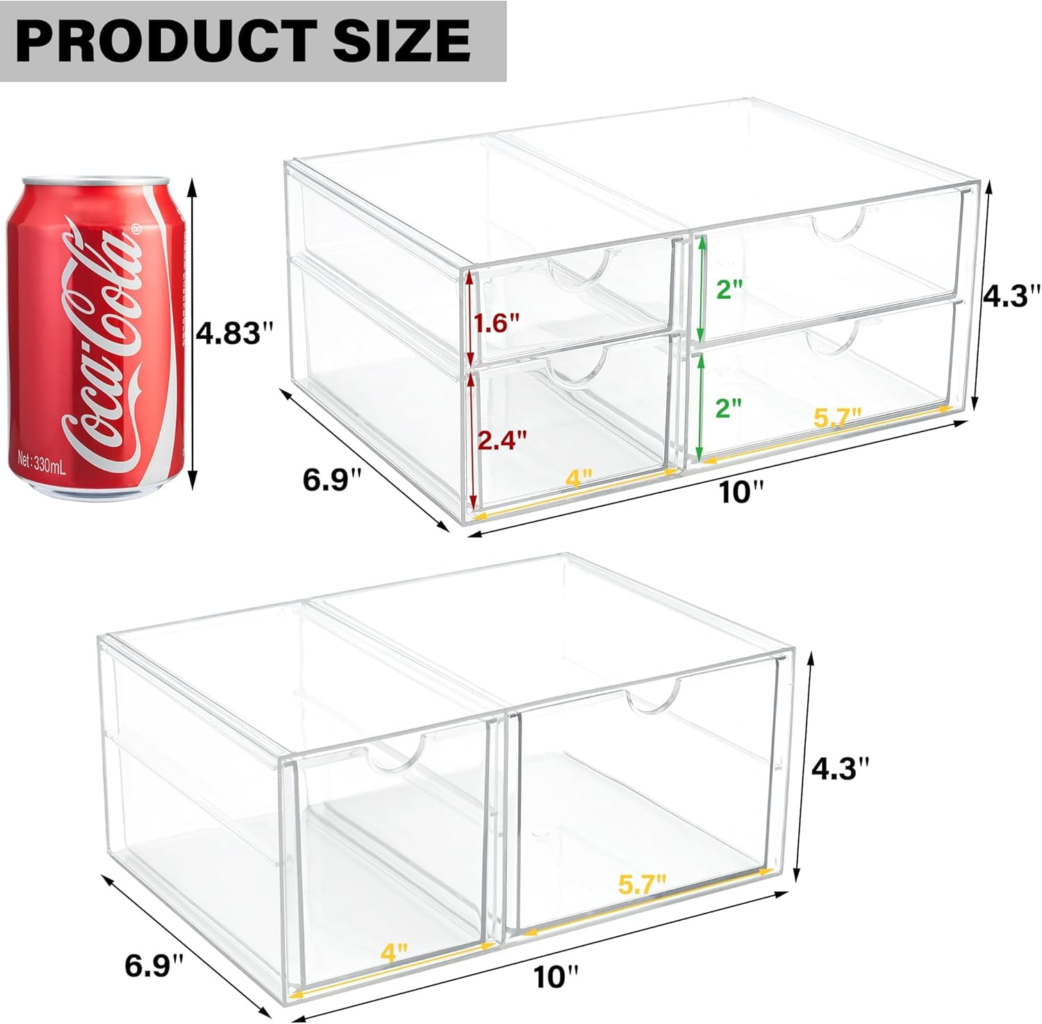 Acrylic Drawer Makeup Organizer with 6 Drawers (Not for Baby Bottle), Set of 2 Office Desk Organizers Accessories, Clear Stackable Storage Vanity, Craft (Largest 4" Tall)