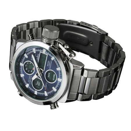 - Mens Silver Black Dial Quartz Digital Watch Stainless Steel Case Date Display
