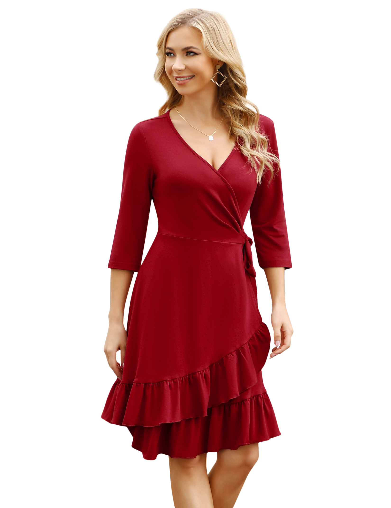GymChoice Women's Wrap Dress,3/4 Sleeve Midi Dresses for Women V Neck