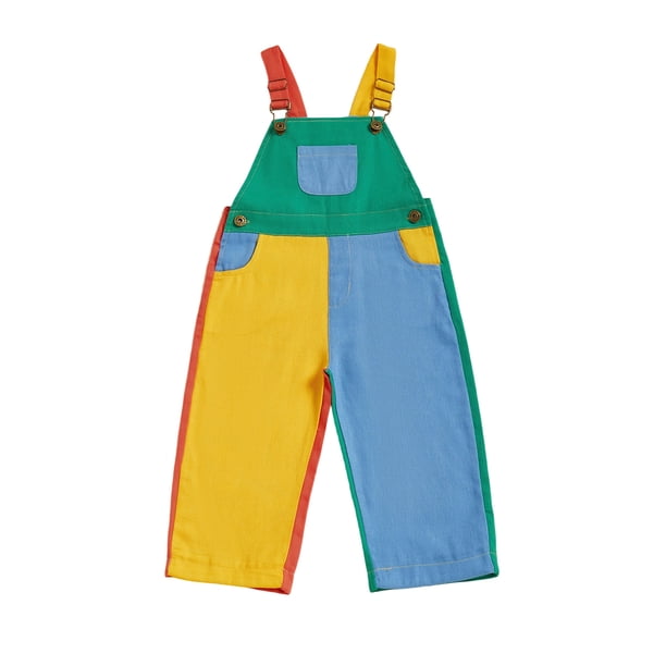 Peto vaquero infantil de color contrastante, sin mangas, con cuello cuadrado y largo completo, con tirantes ajustables.