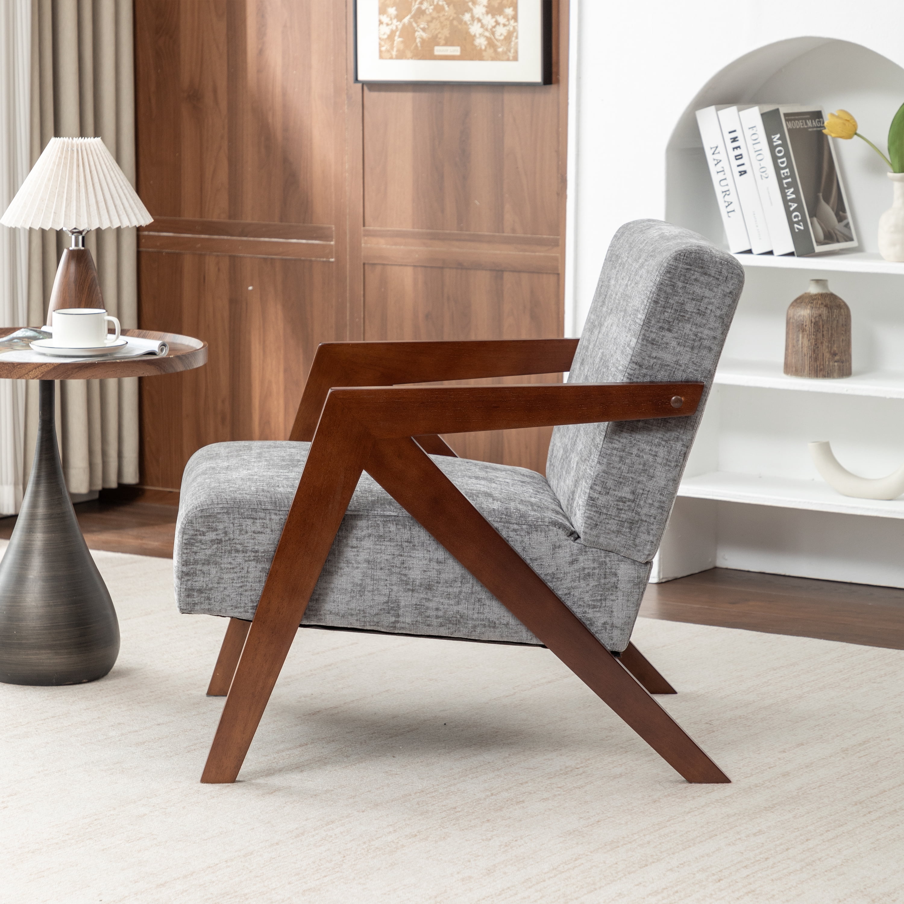 Leumius Mid Century Modern Accent Chair,Upholstered Reading Armchair with Solid Wood Frame,Accent Chair for Living Room Bedroom Apartment, Easy Assembly,Light Gray