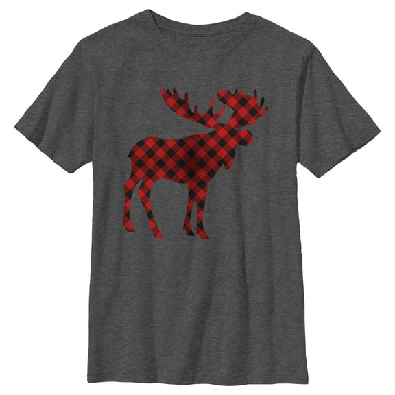 Boy's Lost Gods Christmas Plaid Moose Graphic Tee Charcoal Heather Large