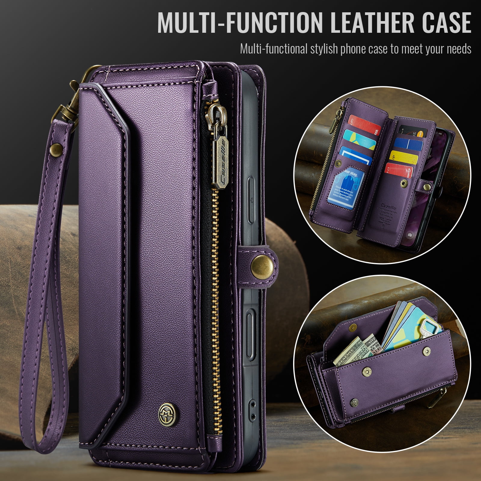 for iPhone 17 Pro Max Full Body Protection Wallet Folio Flip Case, Shoulder Strap & Wristlet Card Slots Zipper Pocket RFID Blocking Rugged Durable PU Leather Phone Case Cover, Purple
