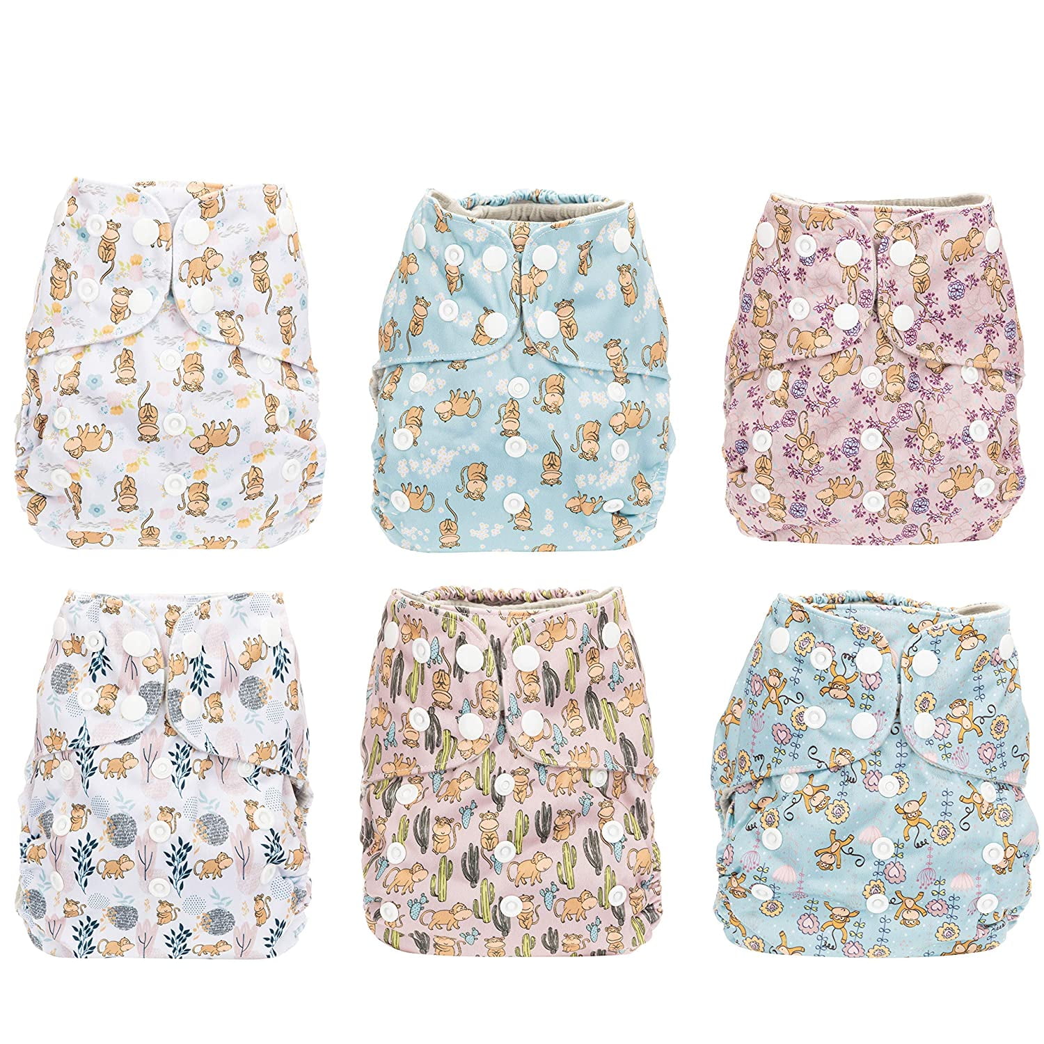 Simple Being Reusable Cloth Diapers,6 Pack Pocket Adjustable Size,Waterproof Cover,6 Inserts,Wet Bag, Double Gusset (Monkey)