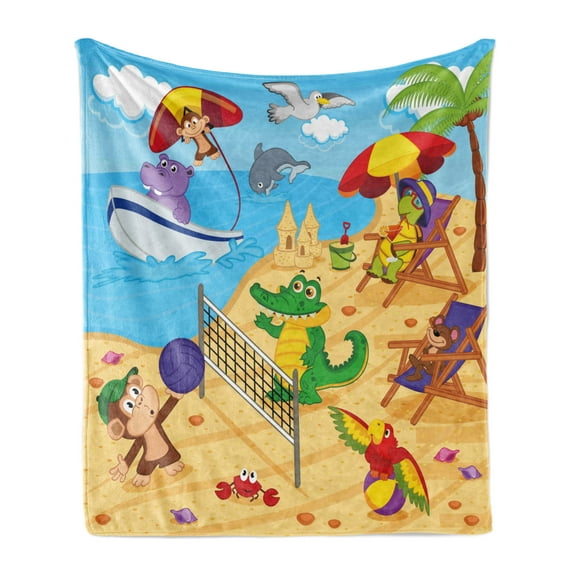 Animal Soft Flannel Fleece Throw Blanket, Cartoon Animals Playing on Beach Monkey Hippo Dolphin Exotic Summer Illustration, Cozy Plush for Indoor and Outdoor Use, 50" x 60", Multicolor, by Ambesonne