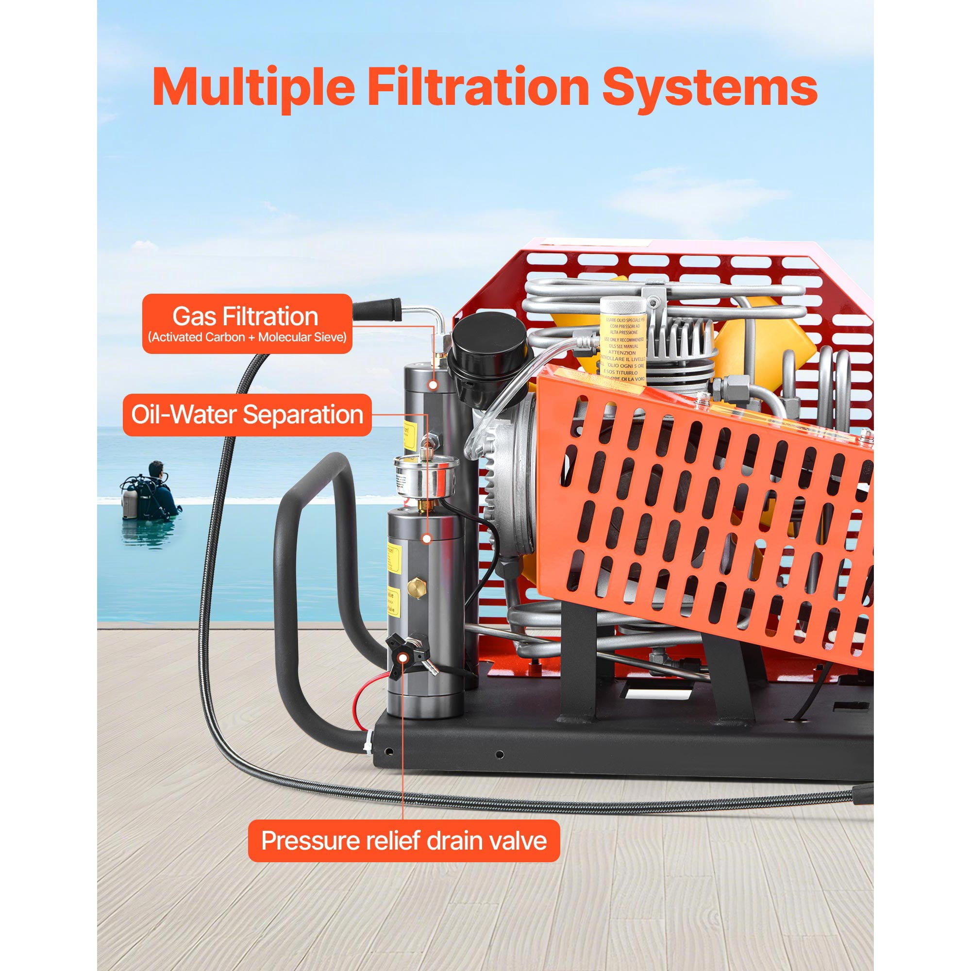 KFFKFF High-Pressure Air Compressor, 4500PSI/30Mpa Diving Tank Compressor, 60 L/min Four-Cylinder Auto Stop Pump with Fan Cooling System for Scuba Tanks, Paintball, and Emergency Applications