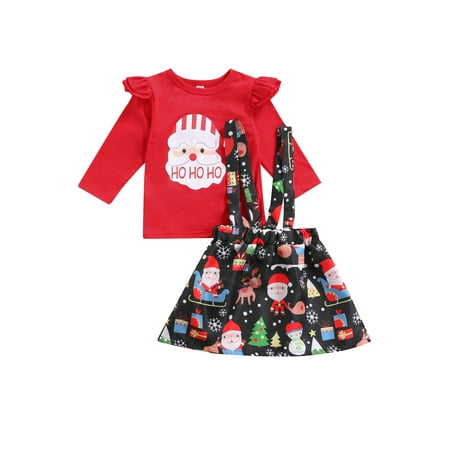 

Sunisery Children Girls Skirt Two Pieces Suit Cute Christmas Printed Long Sleeve Tops and Suspender Skirts