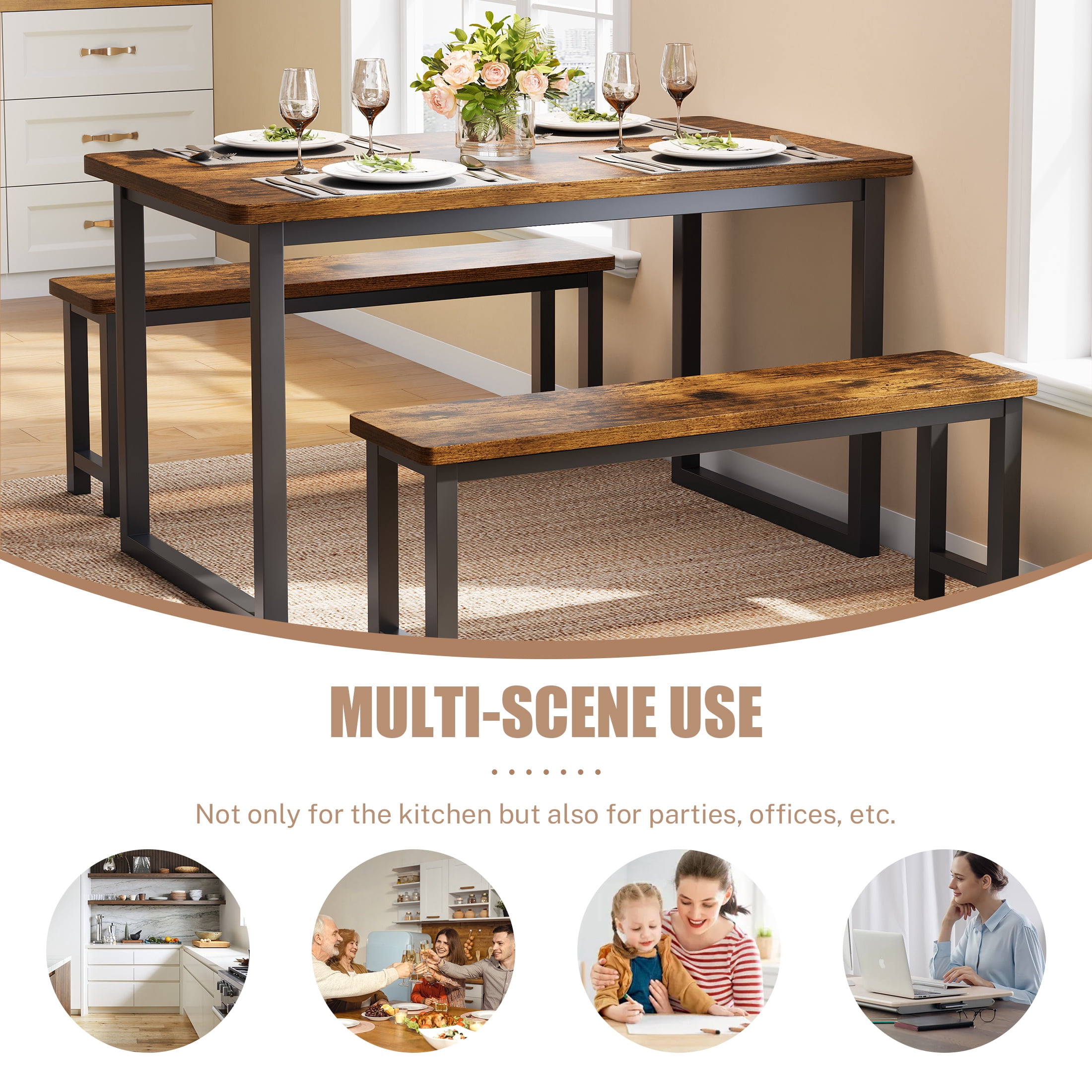 PAPROOS Dining Table Set for 4, 3-Piece Kitchen Table Set with 2 Benches, Dining Room Table Set with Metal Frame, Breakfast Nook Furniture Set for Home Cafeteria Bar Dining Room, Brown