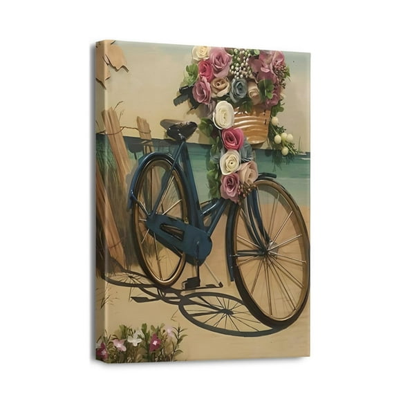 Art Mural de Plage 12x16 Pouces Encadré Impression sur Toile de Vélo & Peinture de Paysage Marin, Indispensable pour les Amateurs de Décoration de Salle de Bain à Thème Côtier