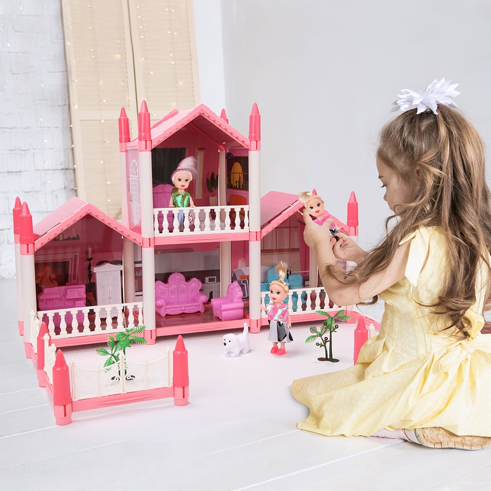 Hot Bee Dollhouse Toys for Girls, 6 Rooms Doll House Furnitures with Slide,  Dream House Doll Play for Girls Age 3+ 