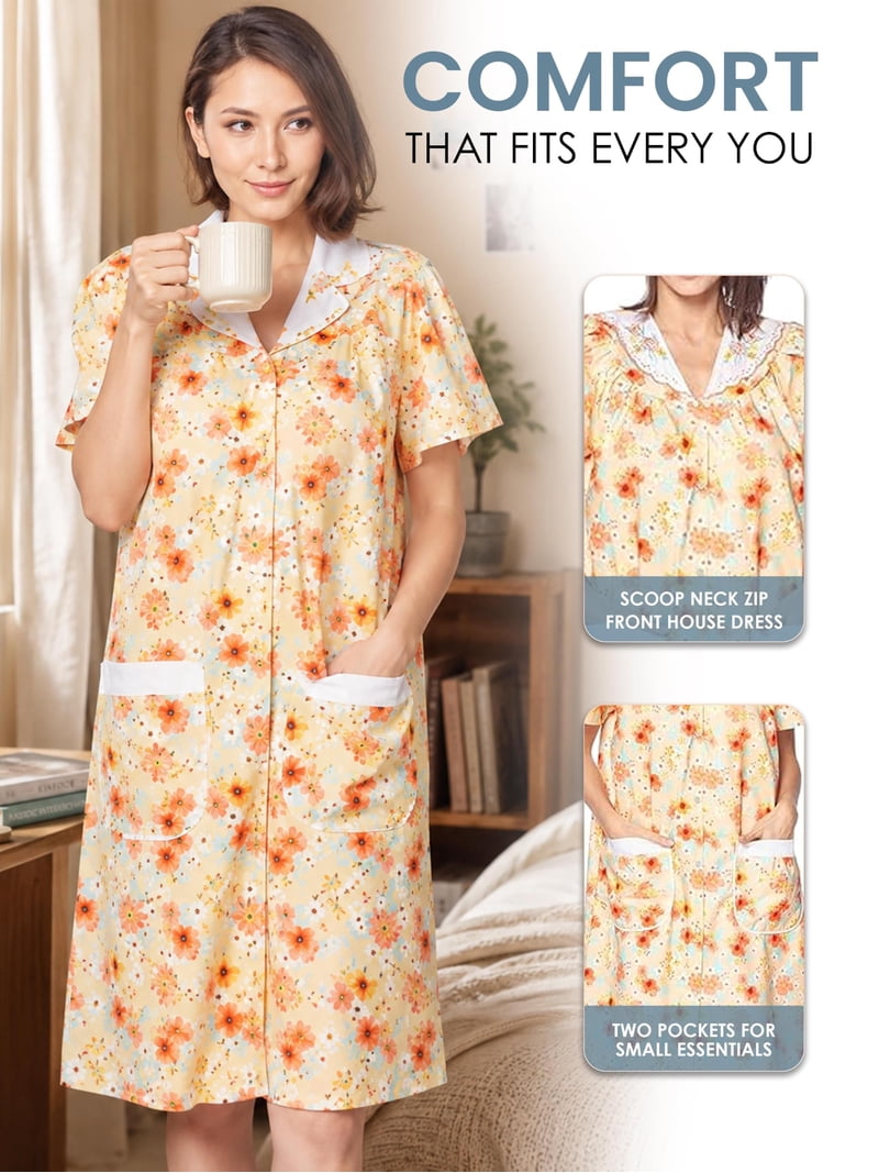 Casual Nights Women's Snap Front House Dress, Lightweight Short Sleeve Cotton-Poly Knit Duster Robe with Pockets, Mid-Calf, Floral Peach 3X, Size: 3XL