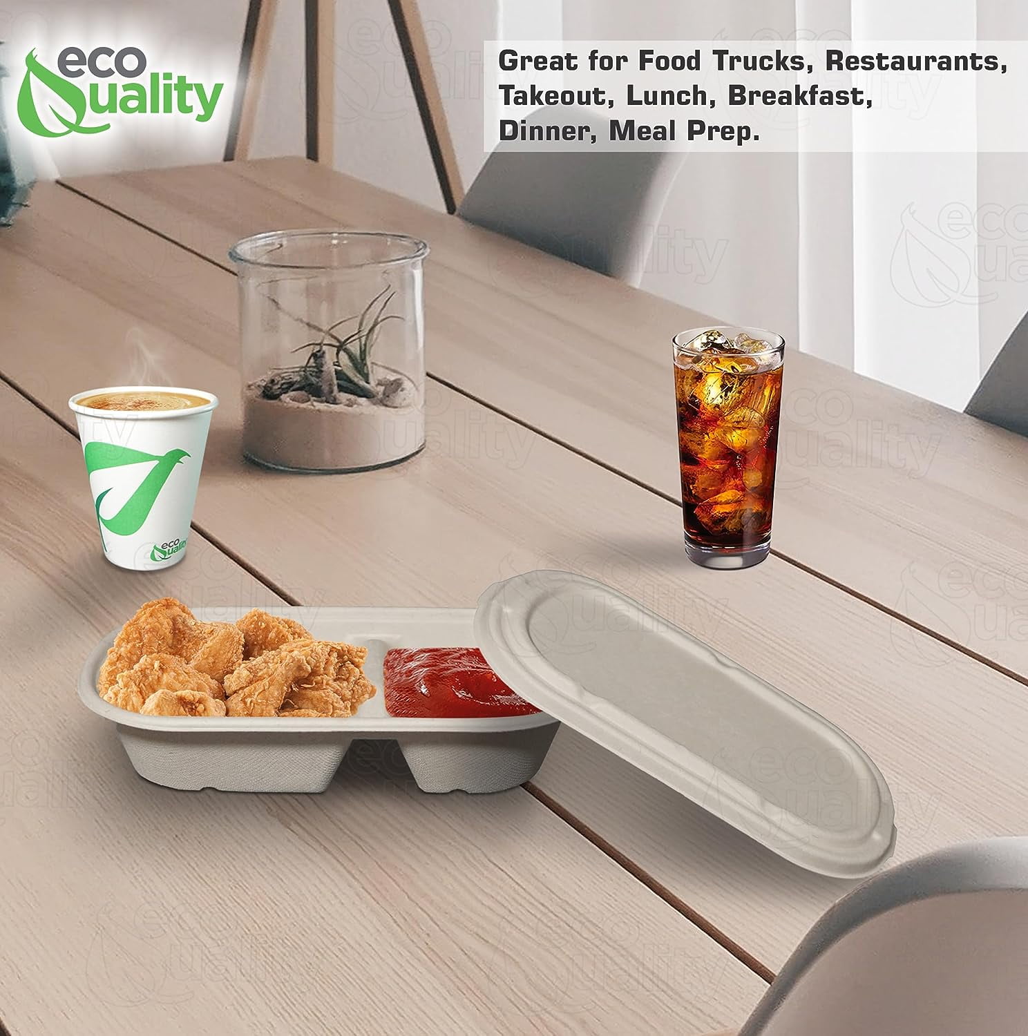29oz Disposable Bowls with Fiber Lids - 2 Compartment Rectangular Compostable Sugarcane Biodegradable Paper Bowls Eco-Friendly Take Out Food Storage Containers, Microwave Safe, Meal Prep (50 PACK)