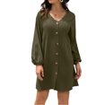 thumbnail image 1 of Vestido de manga larga con linterna para mujer, cuello en V, con botones, informal, suelto, línea A, vestido corto para verano OD Verde M, 1 of 6