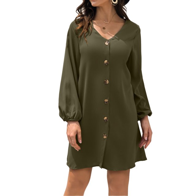 Vestido de manga larga con linterna para mujer, cuello en V, con botones, informal, suelto, línea A, vestido corto para verano OD Verde M
