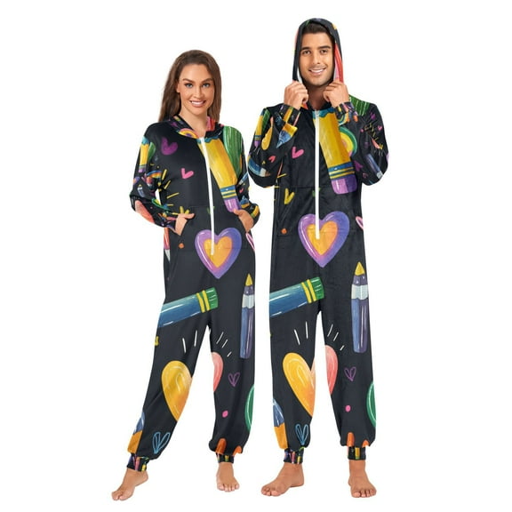 Crayons Rainbows Adult Onesie Pajamas Slim Fit Christmas One Piece Suit Pjs for Women and Men Hooded Zipper