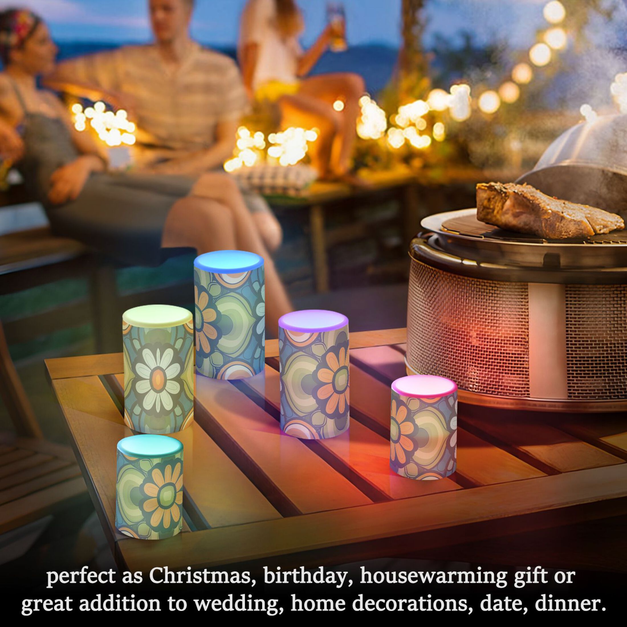 Vintage Groovy Flower Patterns Flickering Flameless Candles LED Tealight Battery Operated with Remote Set of 2 Holiday Decor Ornaments