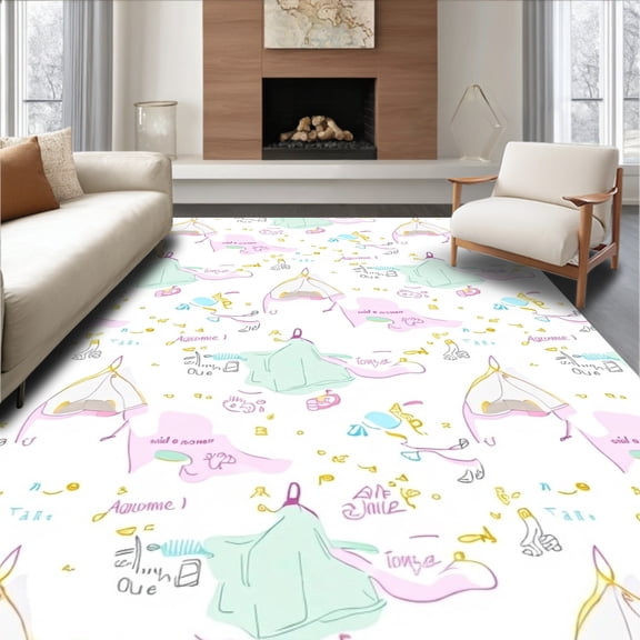 ODIKA 4'x6' Machine Washable Non-Slip Area Rug, Enchanting Tipi Adventure Motif Playful Childhood Fantasy Wonderland High Traffic Rug, Pink, 683201