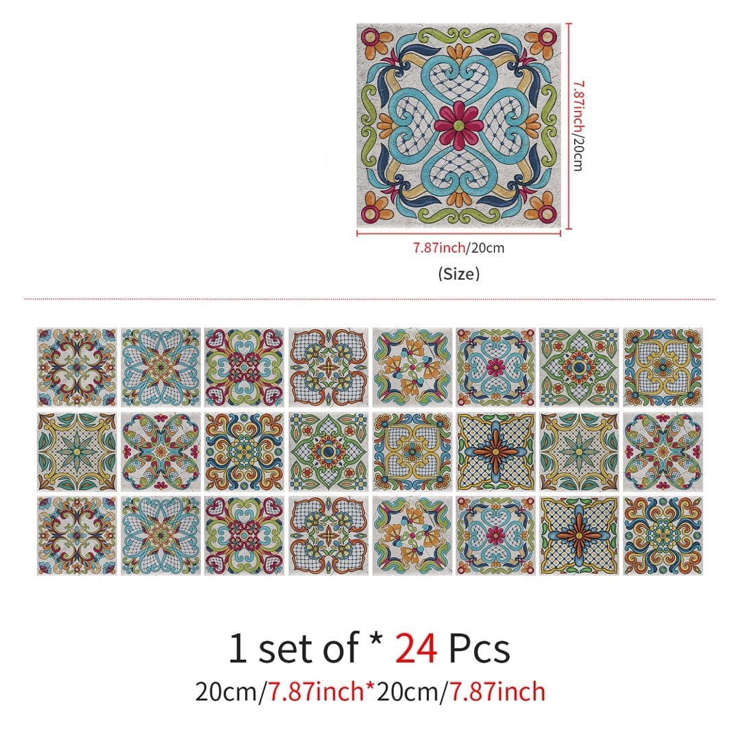 24Piece Self Adhesive Tiles Wall Stickers Waterproof Decals 7.87" x 7.87" DIY Decor Multicolor Flowers Peel and Stick Kitchen Backsplash