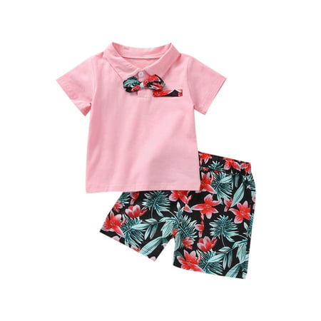 

Boys Clothing Set Turn-Down Collar Short Sleeve Tops with Bowknot+ Shorts