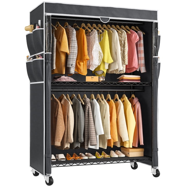 Exenoray Organisateur de Garde-Robe Roulant avec Housse, Portant à Vêtements à une Colonne avec Tablettes et Tringles, Portant à Vêtements en Métal Robuste avec Roues, Capacité de 445 Lb, 45 Pouces L x 17.5 Pouces P x 81 Pouces H, Noir