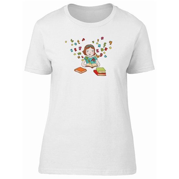 Girl Happy About Reading Books Tee Women's -Image by Shutterstock