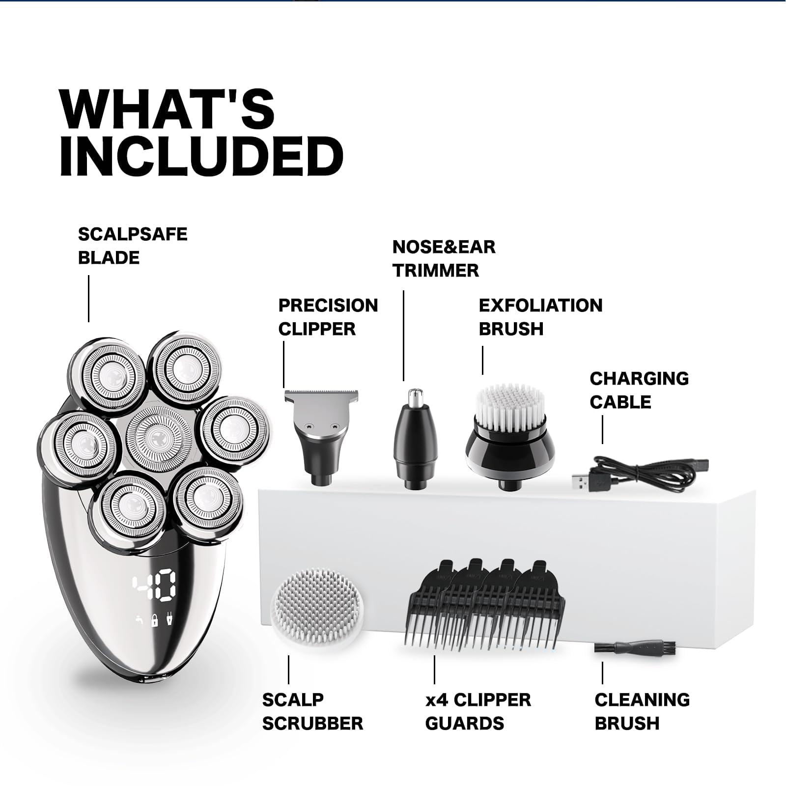 delpattern Head Shavers for Bald Men, Magnetic Electric Razor, 7D Rotary Shaver 5 in 1 Grooming Kit, IPX7 Waterproof, Wet/Dry, LED Display, Rechargeable, Cordless