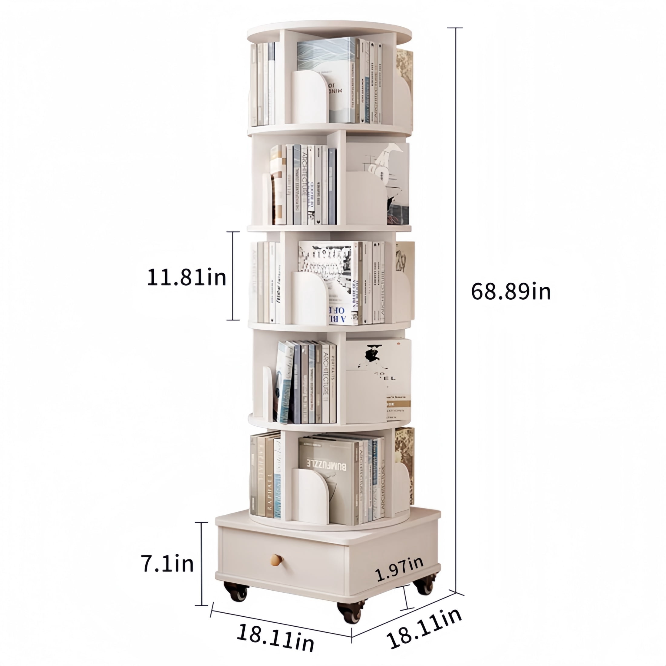 Atumcto Rotating Bookshelf with Drawer, 6 Tier 360 ° Corner Bookcase with Wheels, Tall Narrow Storage Shelf for Small Spaces, Bedroom Living Room, White