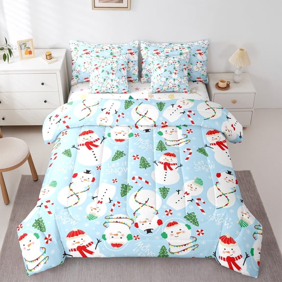 Feelyou Winter Snowman Bedding Comforter Set 7pcs for Teen, Xmas Tree King Bedding Sets, Merry Christmas Reversible Bed Sheets, Microfiber Bedroom Decor, 3 Pieces