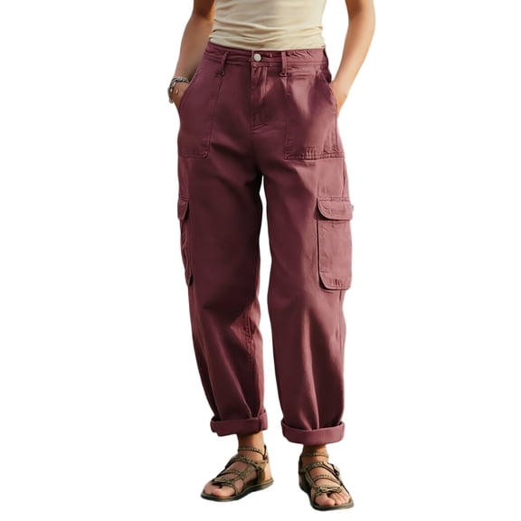PEIBang Women's Solid High Waist Denim Cargo Capri Pants,Multi Flap Side Pocket Rollable Ankle Loose Jeans Trousers for Daily Wear