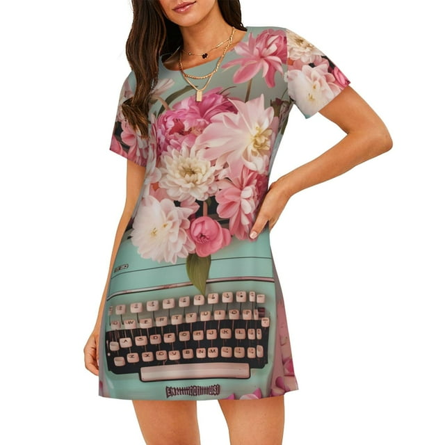 Balery Chemise de Nuit Vintage à Motif Floral pour Femmes Manches Courtes Col Rond Mignonne Robe de Nuit Confortable Vêtements de Détente