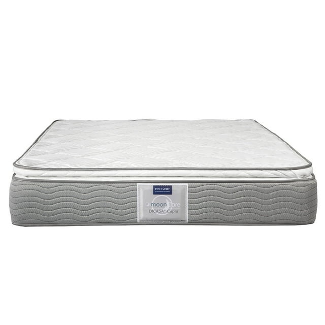 colchón queen size dicasa cupra colchón queen color plata, vista frontal centrada de silueta rectangular de 28 cm de alto; colchoneta Euro Pillow 4 cm, funda texturizada gris con costuras onduladas y etiqueta frontal DICASA Cupra; confort semi-firme y unidad de resortes continuo. Suele usarse también sobre somieres estándar.
