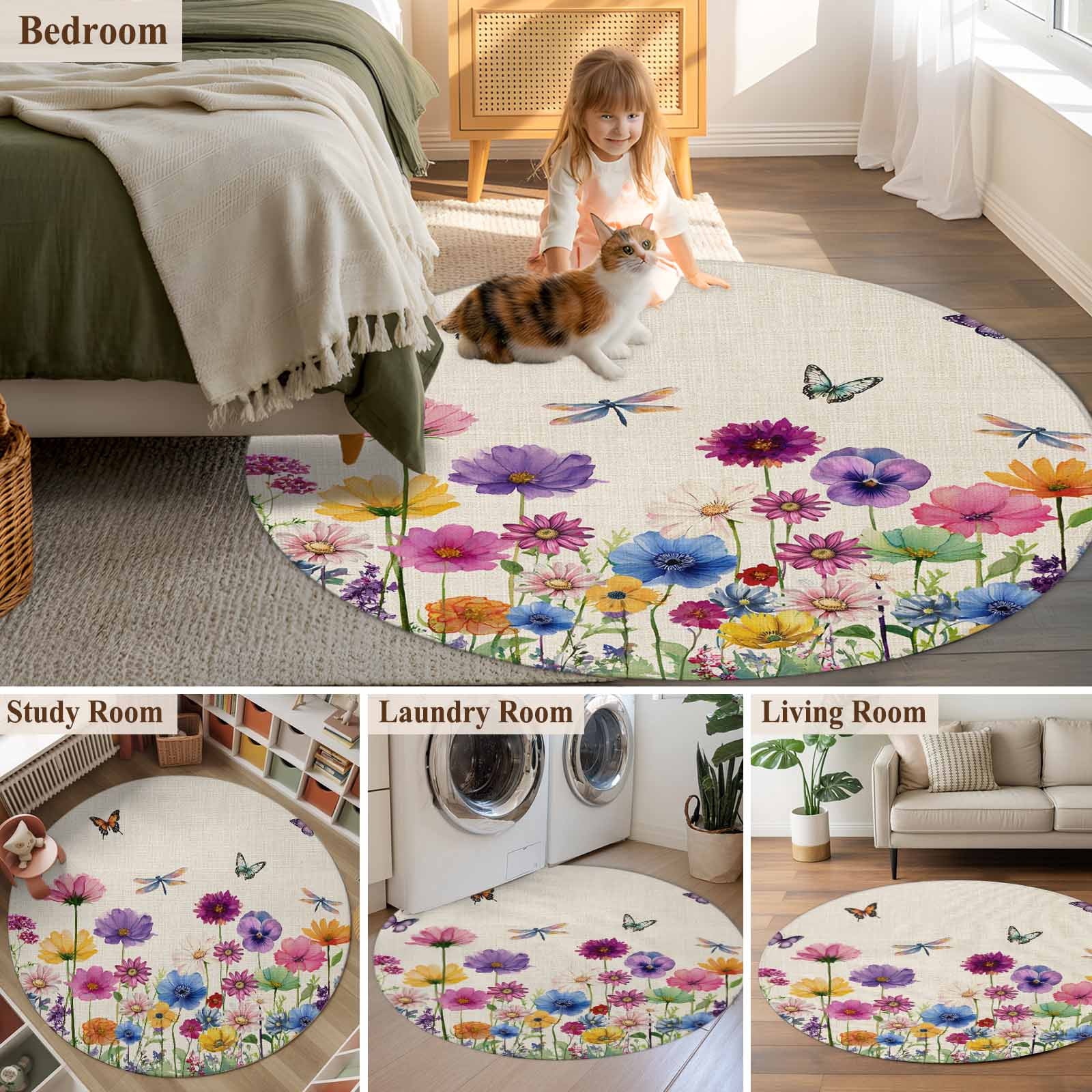 Round Rug 5Ft Washable Non-Slip, Vintage Flowers Circle Area Rugs for Living Room Bedroom, Watercolor Butterfly Dragonfly Daisy Beige Indoor Floor Mats Carpet Runner for Home Decor Aesthetic