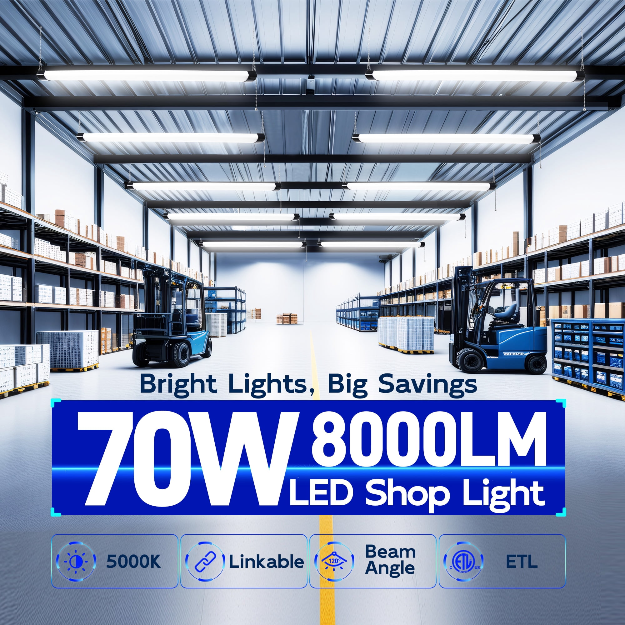 Hlite 4FT LED Shop Light with Pull Chain Switch, 70W 8000LM 5000K, Linkable Hanging Light, ETL Listed for Garage Basement Plant Light(Black)