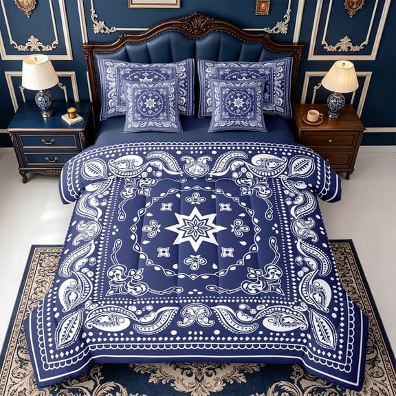 Erosebridal Navy Bandana 7-Piece Twin Bedding,Nature Art Bedding Comforter Set,Navy Blue Reversible