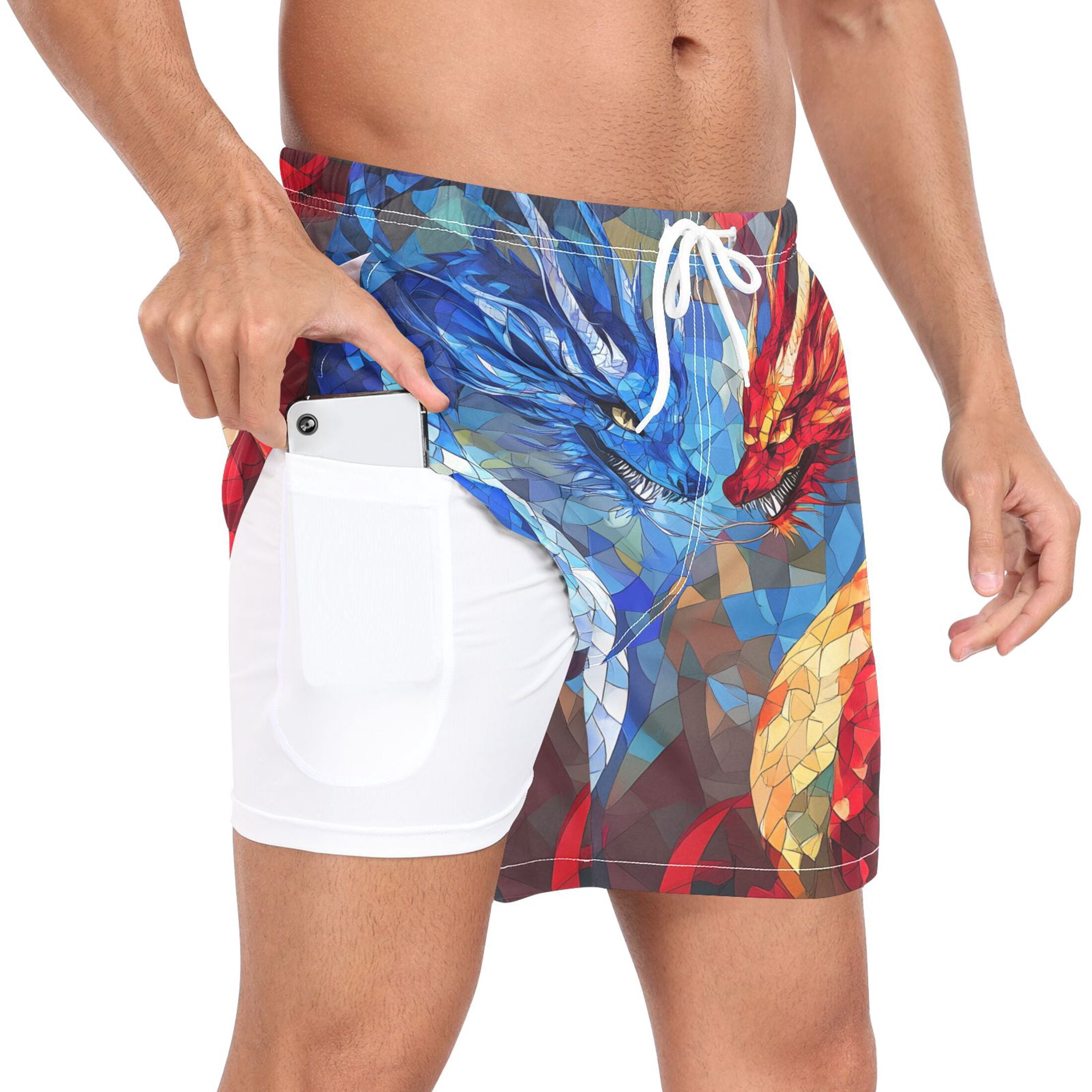joogoo Men's Cool Art Dragons Swim Trunks with Liner Pocket Beach Shorts X-Large