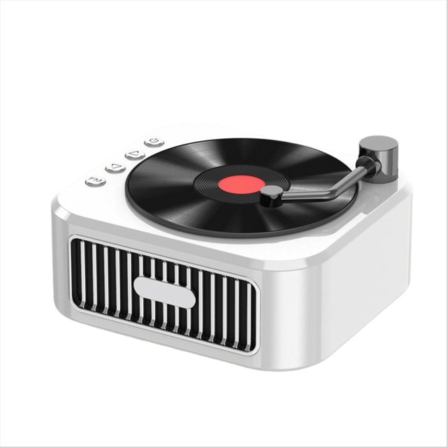 altavoz retro bluetooth 5.3, estilo fonógrafo del siglo xviii, sonido estéreo de 360°, disco de vinilo, color Vista 3/4 frontal de altavoz retro con disco de vinilo simulado en la parte superior, brazo decorativo, carcasa ABS blanca con rejilla frontal negra y botones en la tapa; admite Bluetooth 5.3, tarjeta TF, cable de audio y USB; también suele usarse como elemento decorativo en salas o escritorios.