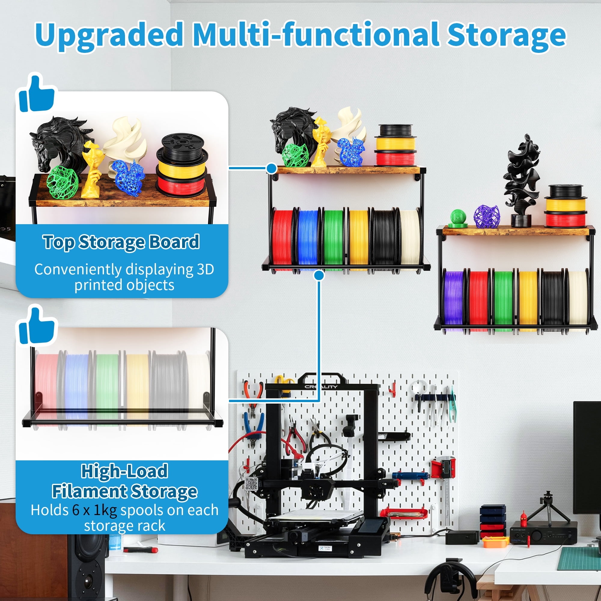2 Pack 3D Printer Filament Storage Rack, 2 Tier Wall Mount Filament Spool Holder, Heavy Duty 3D Filament Shelf Organizer, Metal Storage Rack for 3D Printing Studio, Workshop