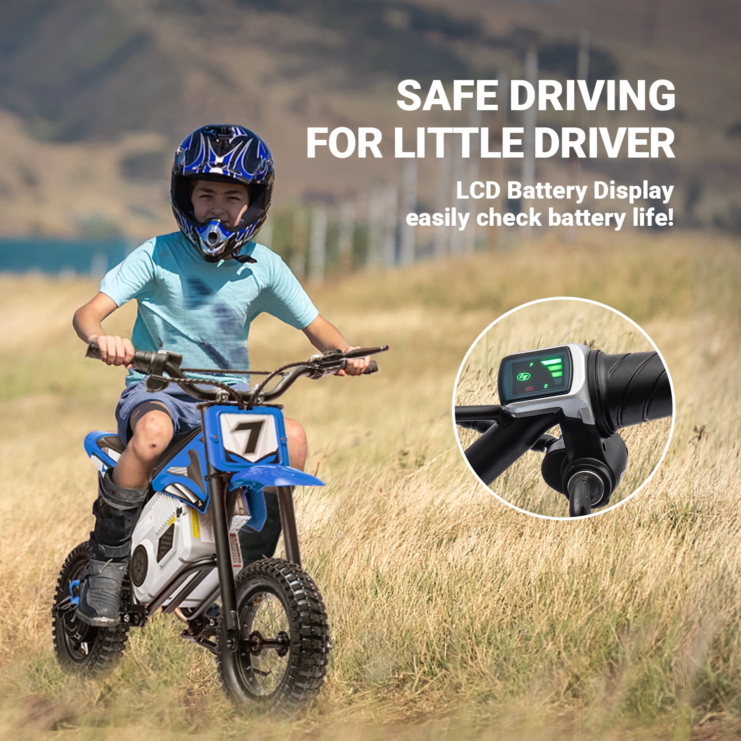 Track Seven 24V Electric Dirt Bike, 250W Ride on Motorcycle with Twist Grip Throttle, Hand-Operated Dual Brakes, Speed Up to 10 MPH, for Age 8-12, Blue