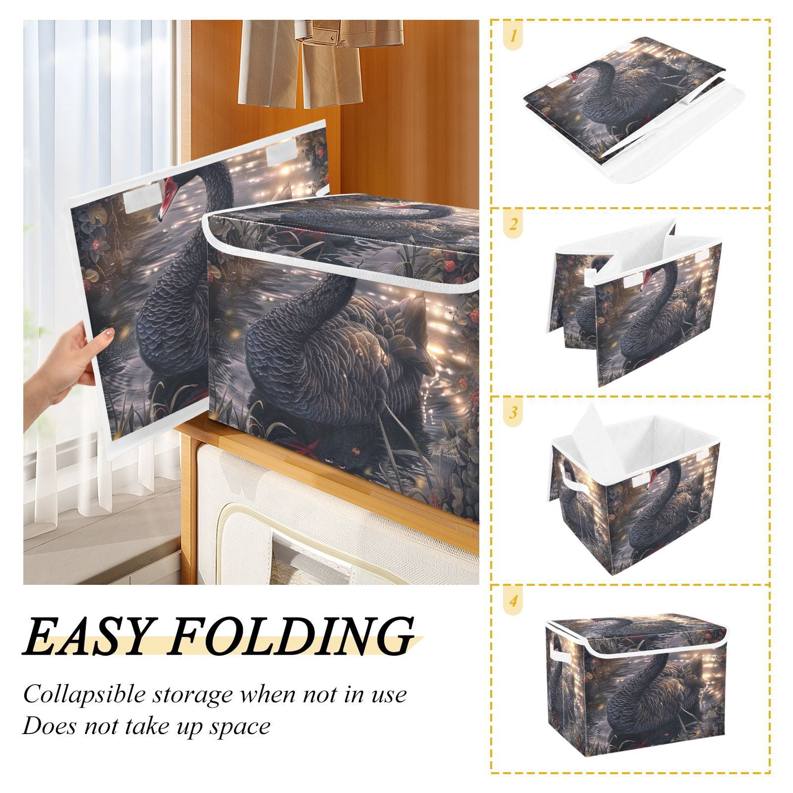 Black Swan Storage Basket for Shelves Foldable Container Organizer for Organizing Toys Clothes Books with Handles